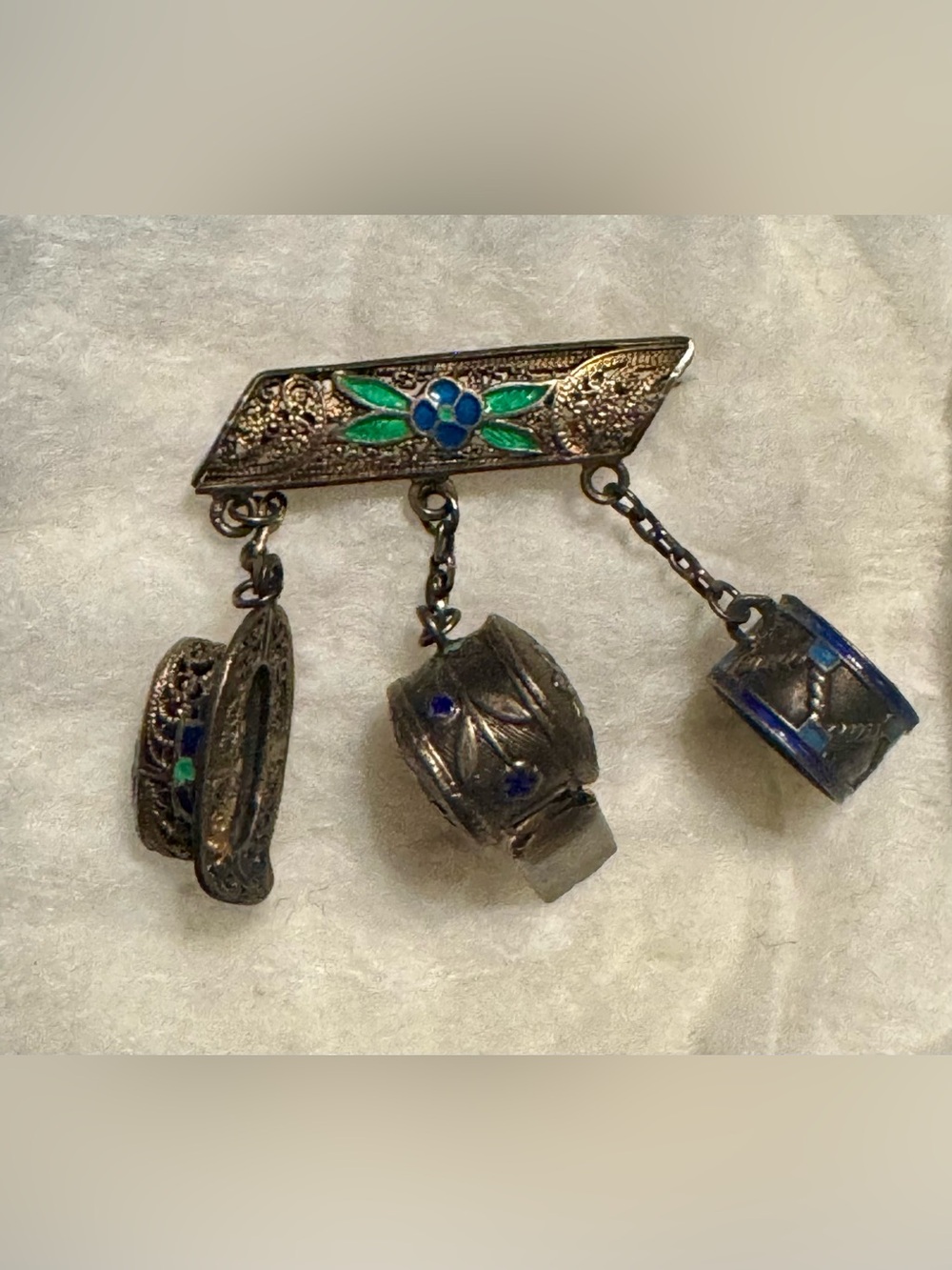 Antique Chinese Export Silver + Enamel Chatelaine Brooch Whistle Hat Drum Nice!